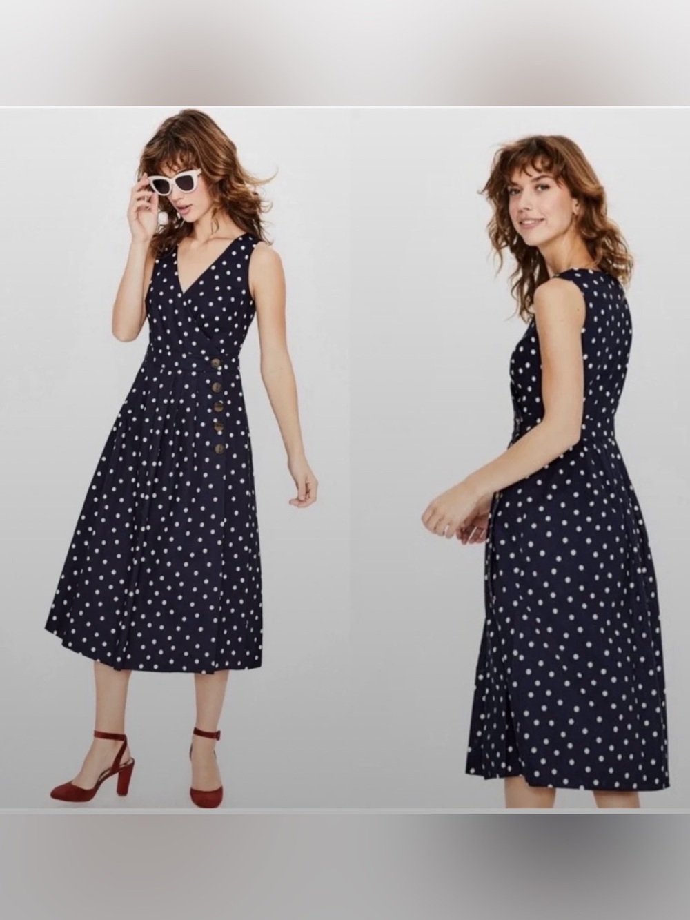 Boden Navy and White Polka Dot Sleeveless Dress Side Buttons ptp 18.5 length 46